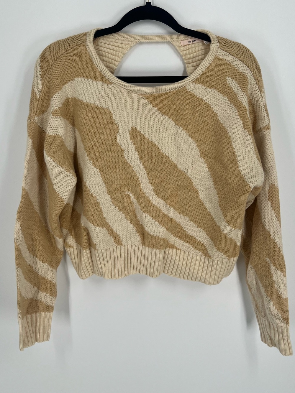 Francesca's miami Tan & Cream Zebra-Pattern Crewneck Cropped Sweater Size Small